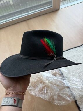 Stetson Black Felt hat with Red and Green Feather Accent